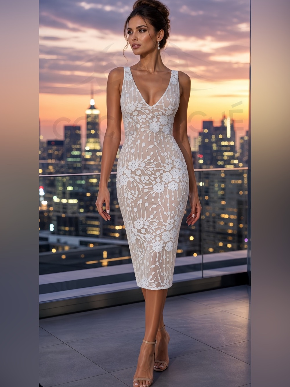 Elegant Embroidered Floral Formal Cocktail Midi Evening Party Wedding Dress